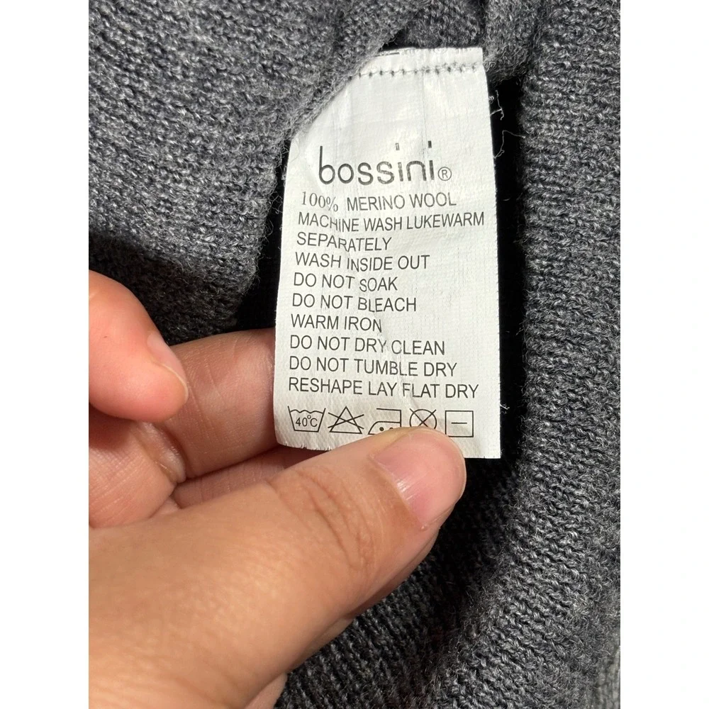 Bossini Mens Large 100% Pure‎ Merino Wool Crewneck Sweater Grey Striped Woolmark